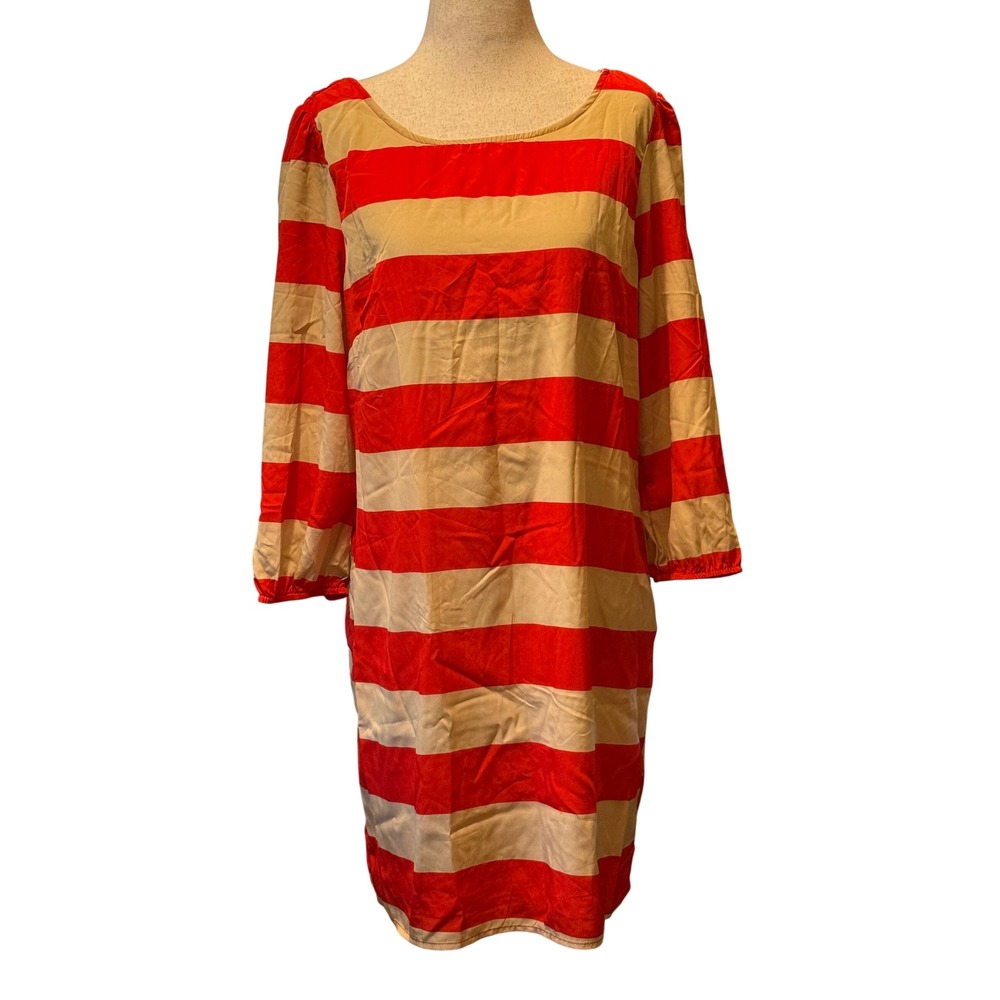 Women's Large Pink Owl Red Tan Striped Shift Dress 3/4 Sleeve Back Zipper